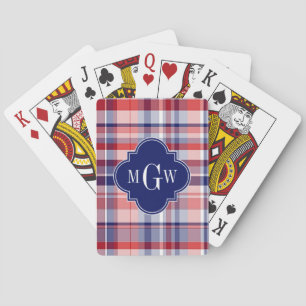 Red White Blue Preppy Madras Monogram Pokerkaarten