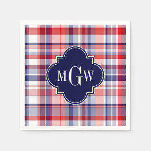 Red White Blue Preppy Madras Monogram Servet