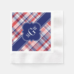 Red White Blue Preppy Madras Monogram Servet