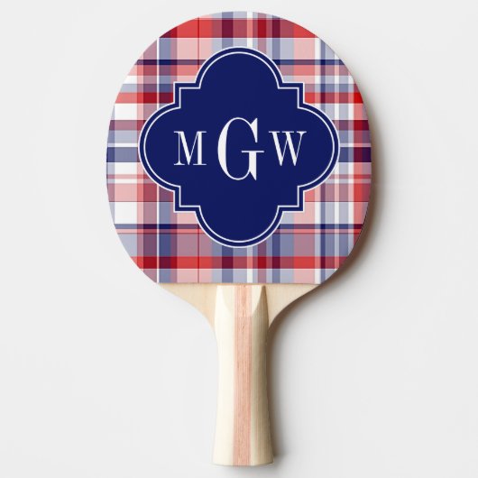 Red White Blue Preppy Madras Monogram Tafeltennisbatje (Voorkant)
