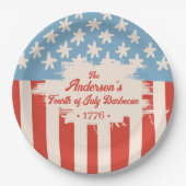 Red White & Blue Star & Stripe Familienaam Barbecu Papieren Bordje (Voorkant)