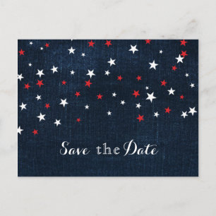 Red White & Blue Stars Denim Save the Date Party Aankondigingskaart