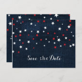 Red White & Blue Stars Denim Save the Date Party Aankondigingskaart (Voorkant / Achterkant)