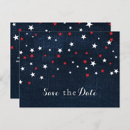 Red White & Blue Stars Denim Save the Date Party Aankondigingskaart (Voorkant / Achterkant)