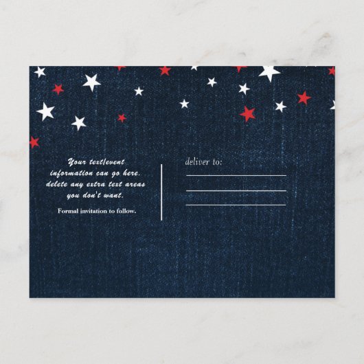 Red White & Blue Stars Denim Save the Date Party Aankondigingskaart (Achterkant)