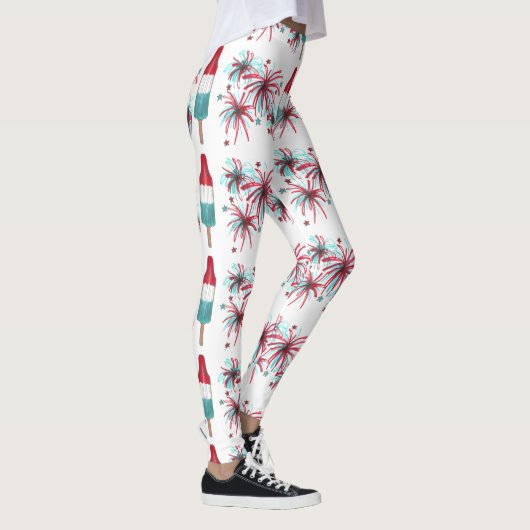 Red White Blue USA Patriotic Rocket Pop Fireworks Leggings (Rechts)