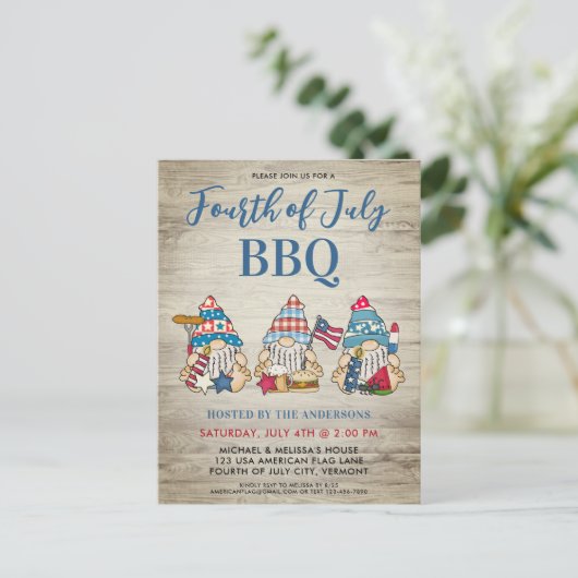 Red White Blue Whimsical Gnomen Fourth of Juli BBQ Uitnodiging Briefkaart (Staand voorkant)
