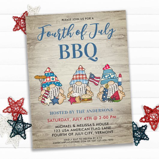 Red White Blue Whimsical Gnomen Fourth of Juli BBQ Uitnodiging Briefkaart