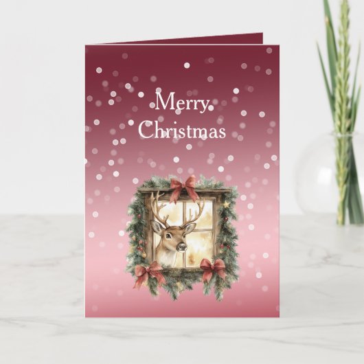 Red White Bokeh Dots Christmas Deer in Window Kaart (Voorkant)