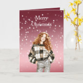 Red White Bokeh Dots Christmas Girl Kaart (Gele Bloem)