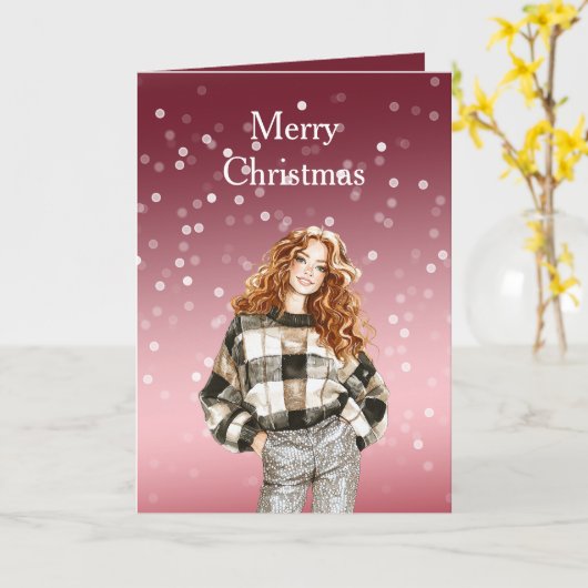 Red White Bokeh Dots Christmas Girl Kaart (Gele Bloem)