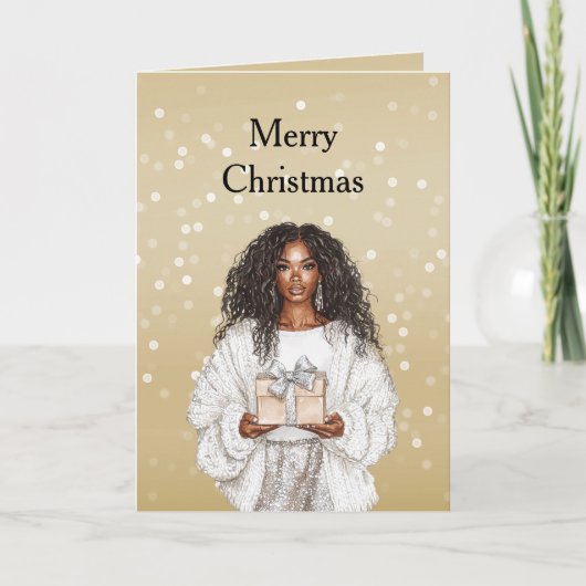 Red White Bokeh Dots Christmas Pretty Black Girl Kaart (Voorkant)