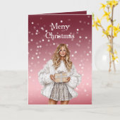 Red White Bokeh Dots Christmas Pretty Blond Girl Kaart (Gele Bloem)