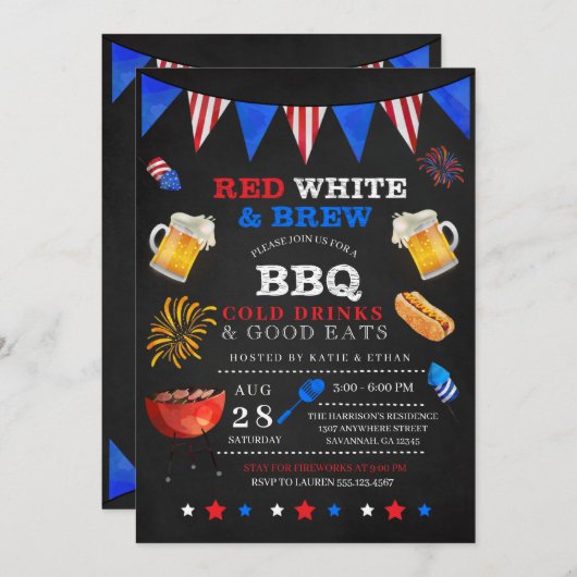 Red White & Brew 4 juli BBQ Uitnodiging (Voorkant / Achterkant)