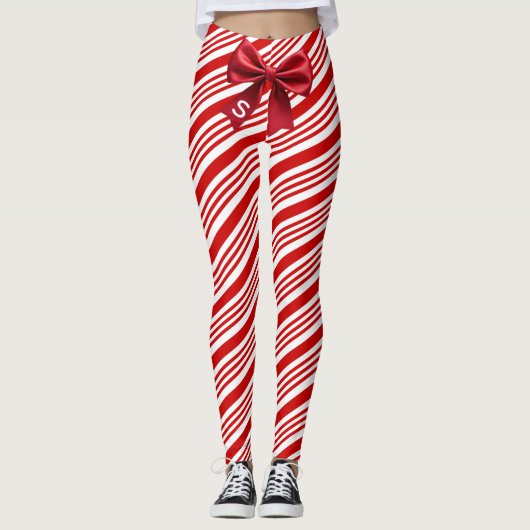 Red White Candy Cane Diagonal Stripes Bow Leggings (Voorkant)