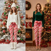 Red White Candy Cane Diagonal Stripes Bow Leggings