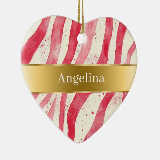 Red White Candy Cane Stripes Gold Ribbon Christmas Keramisch Ornament (Rechts)