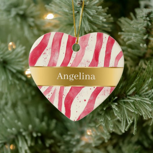 Red White Candy Cane Stripes Gold Ribbon Christmas Keramisch Ornament (Boom)