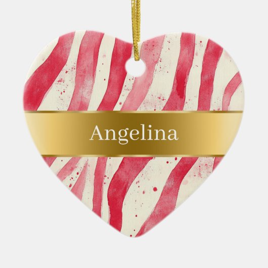 Red White Candy Cane Stripes Gold Ribbon Christmas Keramisch Ornament (Voorkant)