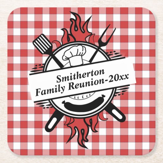 Red White Check Barbecue Cookout Family Reunion Kartonnen Onderzetters (Voorkant)