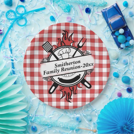 Red White Check Barbecue Cookout Family Reunion Papieren Bordje (Feest)