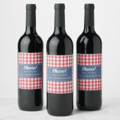 Red White Check Gingham & Blue Denim Cheers Wijn Etiket (Flessen)