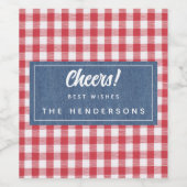 Red White Check Gingham & Blue Denim Cheers Wijn Etiket (Enkel label)