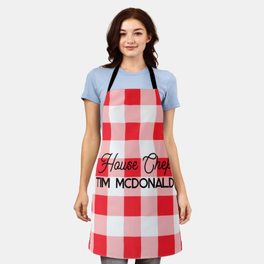 Red White Check Gingham HOUSE CHEF Schort (Gedragen)