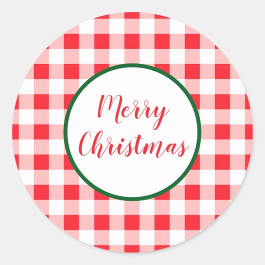 Red White Check MERRY CHRISTMAS Ronde Sticker (Voorkant)