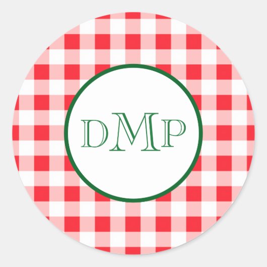 Red White Check MONOGRAM Ronde Sticker (Voorkant)