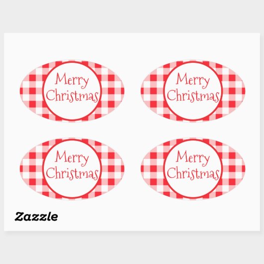 Red White Check Whimsical MERRY CHRISTMAS Ovale Sticker (Vel)