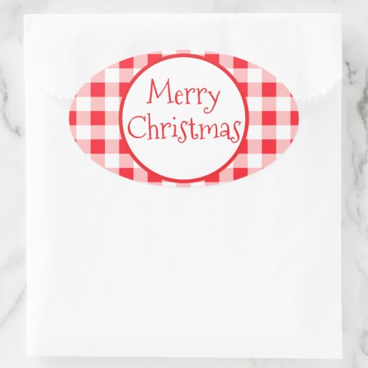 Red White Check Whimsical MERRY CHRISTMAS Ovale Sticker (Tas)