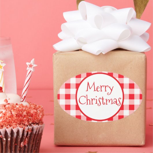 Red White Check Whimsical MERRY CHRISTMAS Ovale Sticker (Feest)