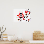 Red White Cherry Blossom Owl Poster (Keuken)
