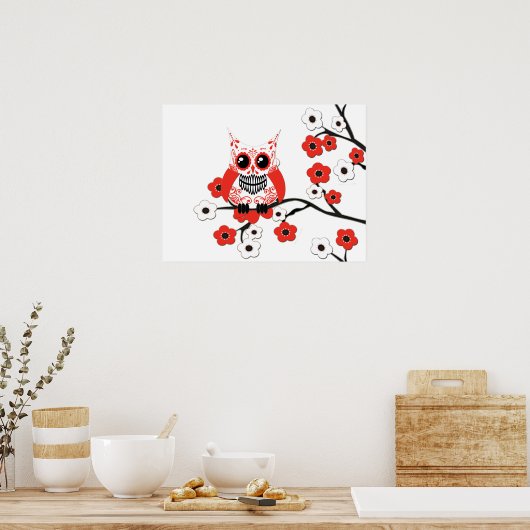 Red White Cherry Blossom Owl Poster (Keuken)
