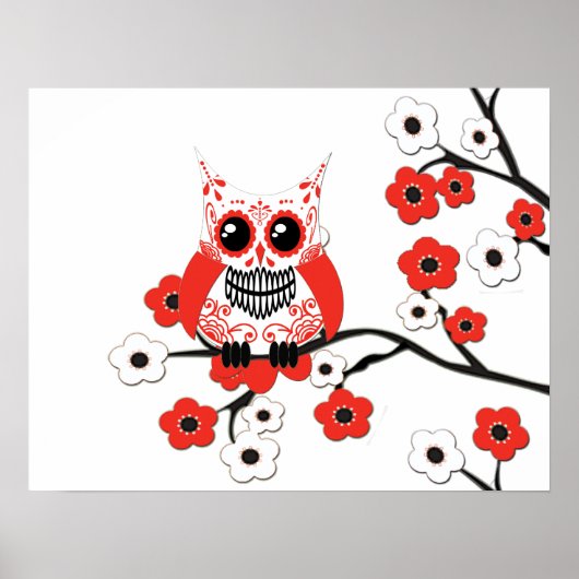 Red White Cherry Blossom Owl Poster (Voorkant)