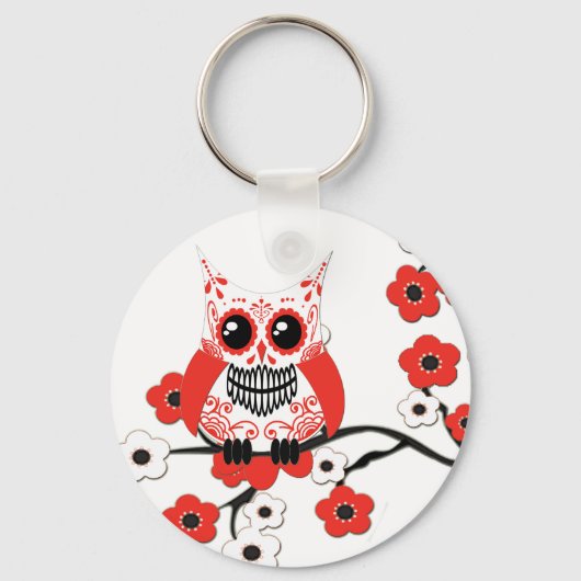 Red White Cherry Blossom Owl Sleutelhanger (Voorkant)