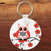 Red White Cherry Blossom Owl Sleutelhanger (Voorkant)