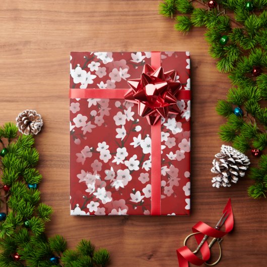 Red White Cherry Blossoms Floral Pattern Cadeaupapier (Feestdagen Geschenken)
