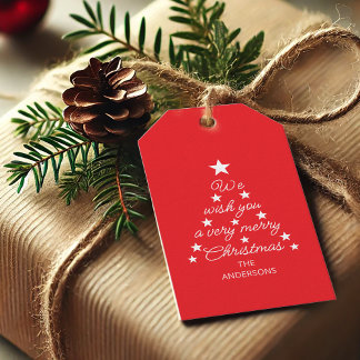 Red & White Christmas Tree Stars & Name Typography Cadeaulabel