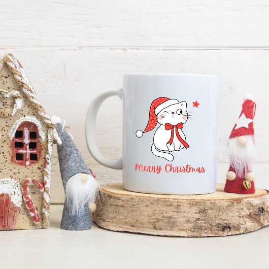 Red & White Cute Cat Custom Name Merry Christmas Koffiemok