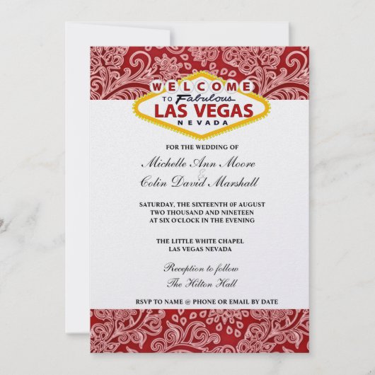 Red & White Damask Floral Las Vegas Wedding Invite Kaart (Voorkant)