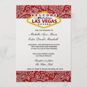 Red & White Damask Floral Las Vegas Wedding Invite Kaart
