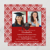 Red & White Damask Photo Afstuderen Invitation Kaart (Voorkant / Achterkant)