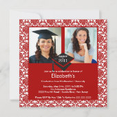 Red & White Damask Photo Afstuderen Invitation Kaart (Voorkant)