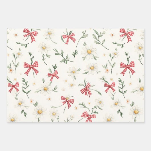 Red White Dots Daises Floral Plaid Birthday Inpakpapier Vel (Voorkant 3)