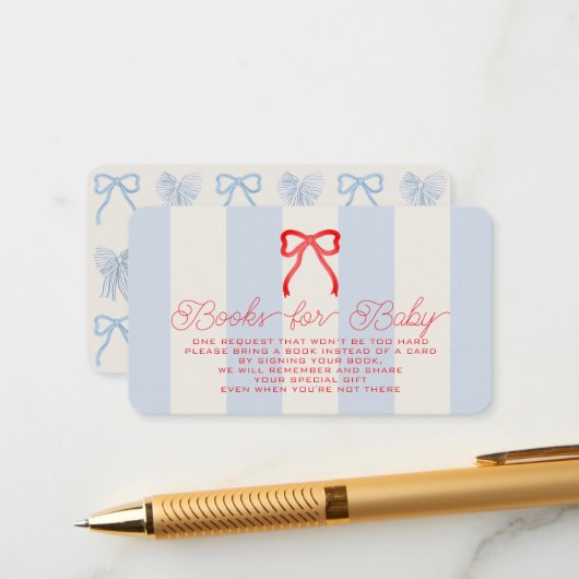Red White & Due Bow Blue Stripes Baby Book Request Informatiekaartje (Voorkant / Achterkant in situ)