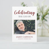 Red White Elegant Funeral Prayer Card met foto Informatiekaartje (Staand voorkant)