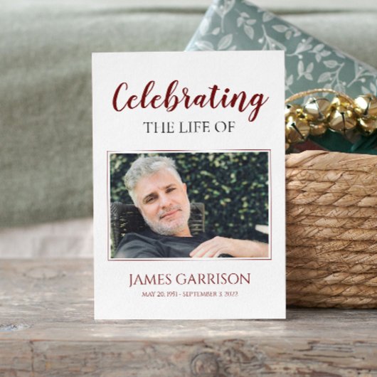 Red White Elegant Funeral Prayer Card met foto Informatiekaartje