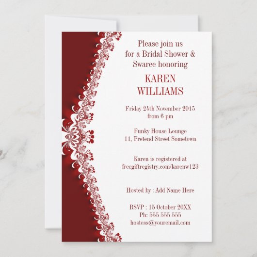 Red White Elegant Lace Bridal Shower Invitations Kaart (Achterkant)